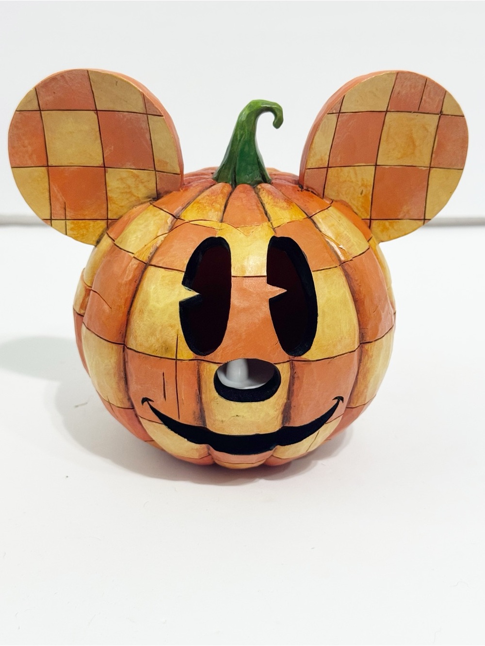 Jim Shore Disney “Happy HallCheckered Pumpkin Mouse Figurine tea light 2008
